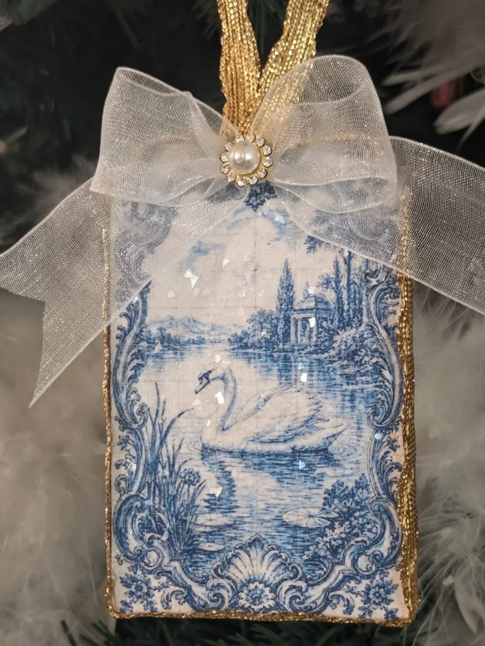 Blue White Toile Swan Christmas Ornament Shabby French Glass Glitter Decoupage